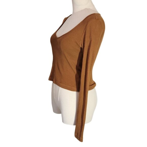 Topshop Brown Long-Sleeve Ribbed Knit Crop Top Womens Size 4 - Picture 4 of 14